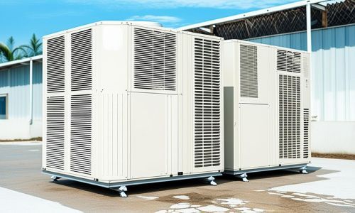 Two large white air conditioners are sitting next to each other in front of a building.