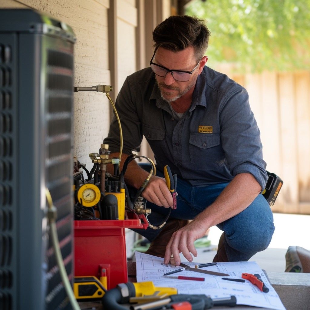A man is working on an air conditioner outside of a building.
