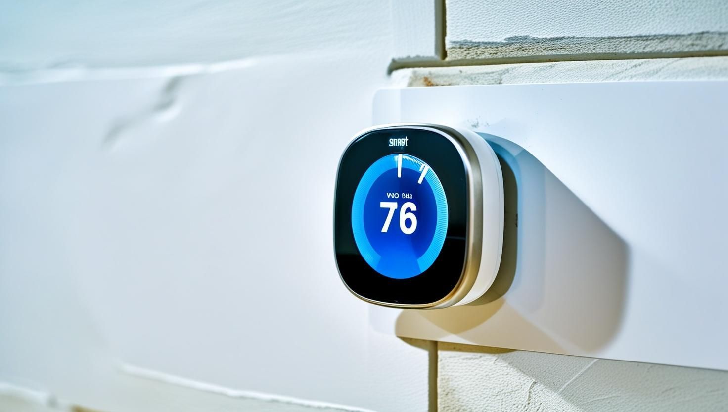 A smart thermostat is sitting on a white wall.