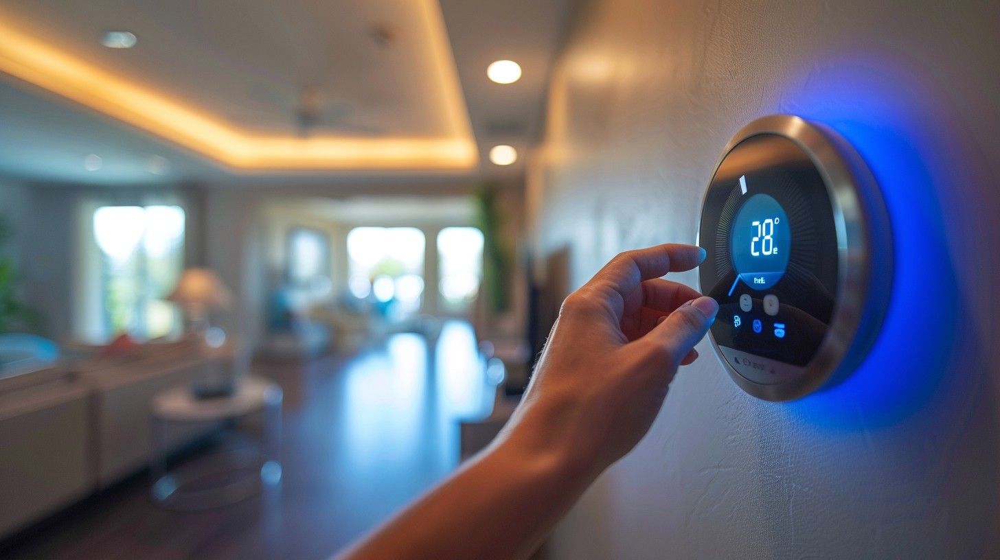 A person is adjusting a thermostat in a living room.