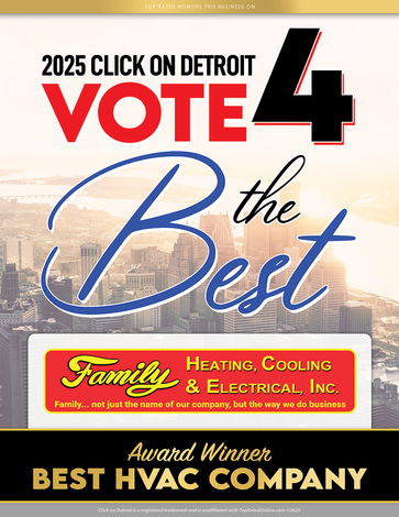 Advertisement for Family Heating, Cooling & Electrical, Inc., winner of Best HVAC Company, Detroit.
