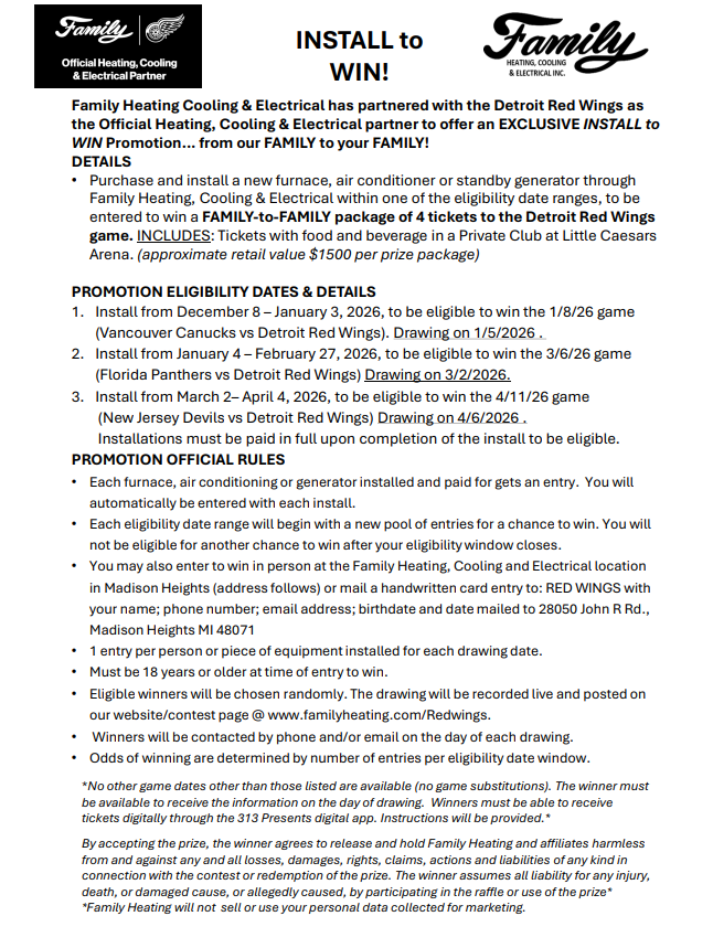 Flyer: Family Heating promotion with Detroit Red Wings. 