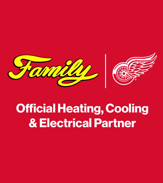 Family Heating, Cooling & Electrical partner with Detroit Red Wings. Red logo with text and logo.