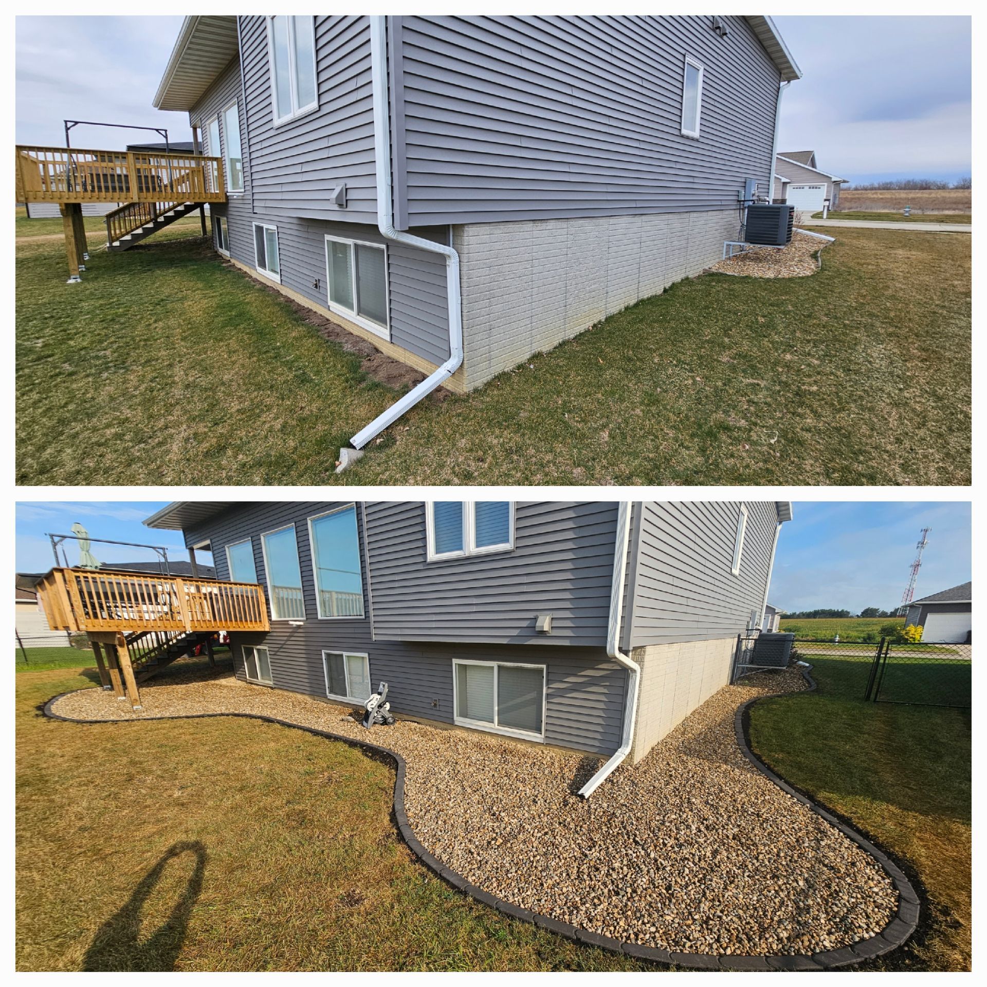 A before and after picture of a house with a deck.