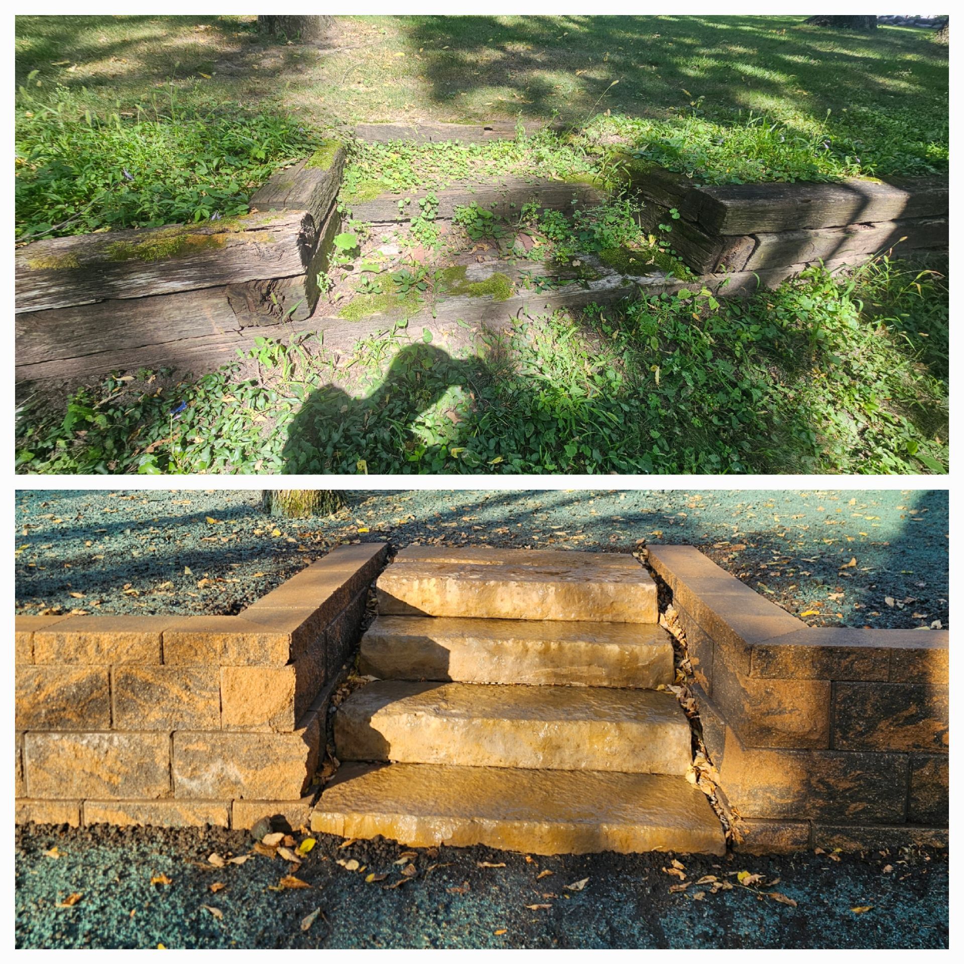 A before and after photo of a stone walkway and steps.