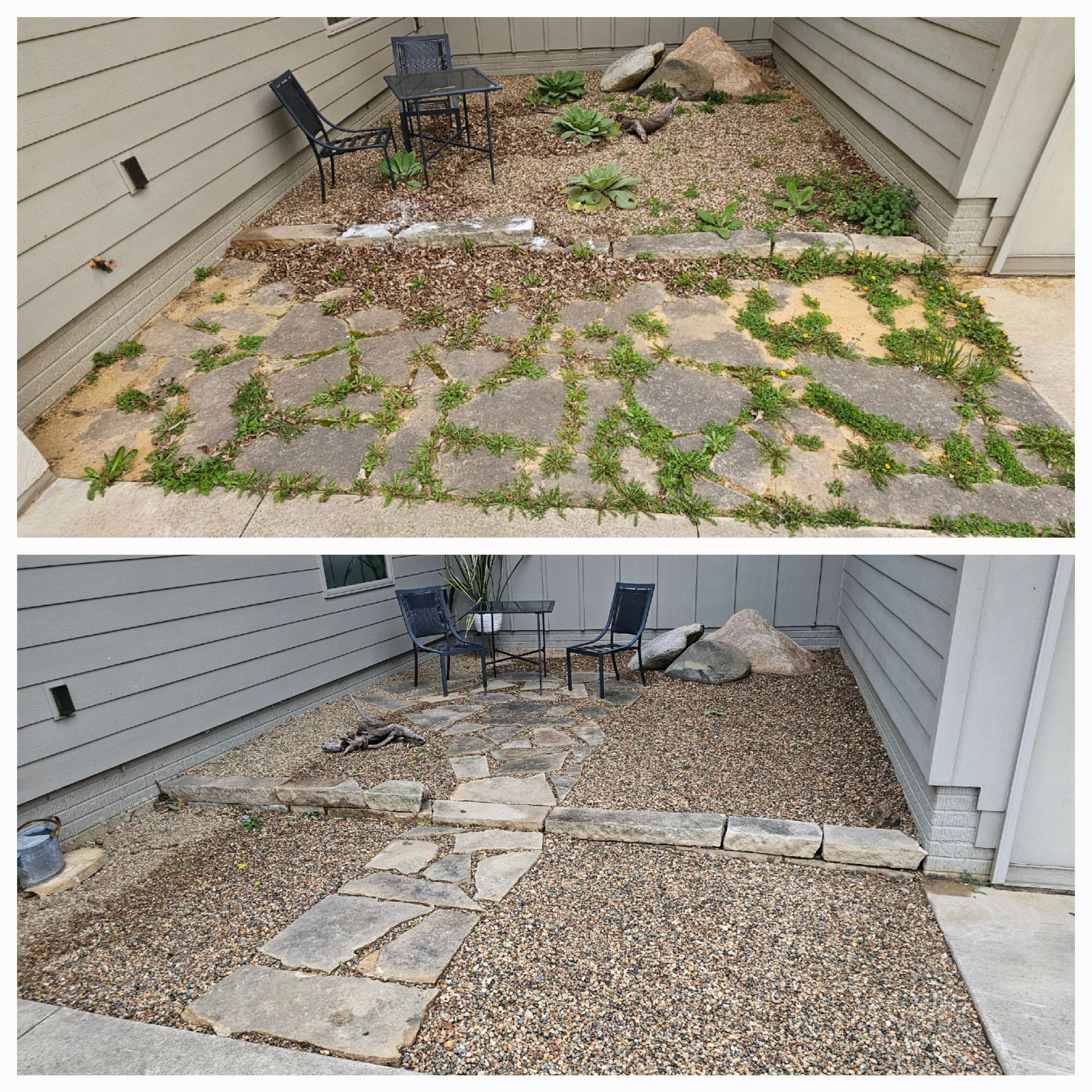 A before and after picture of a patio with rocks and chairs.