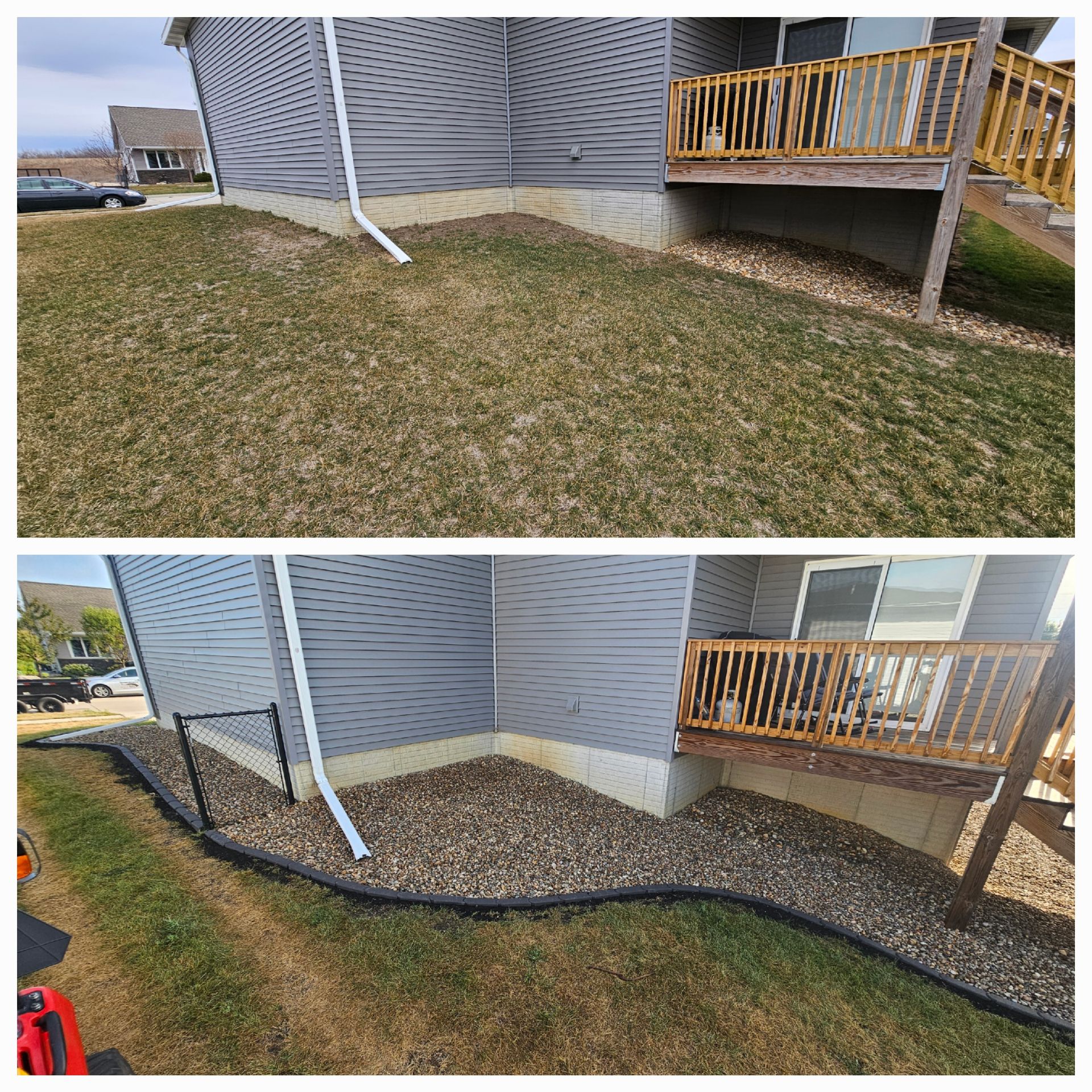 A before and after picture of a lawn next to a house.