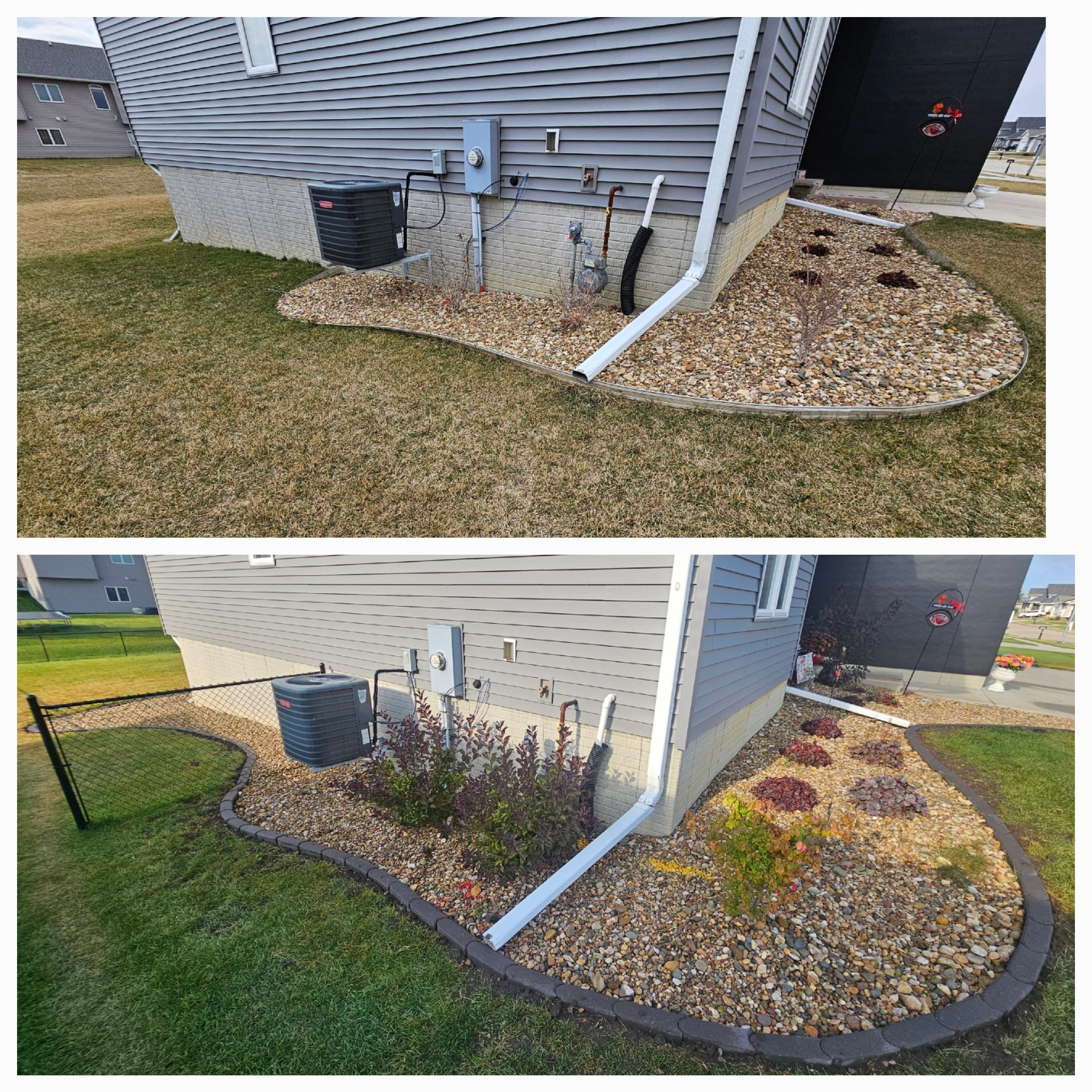 A before and after picture of a lawn with a house in the background.