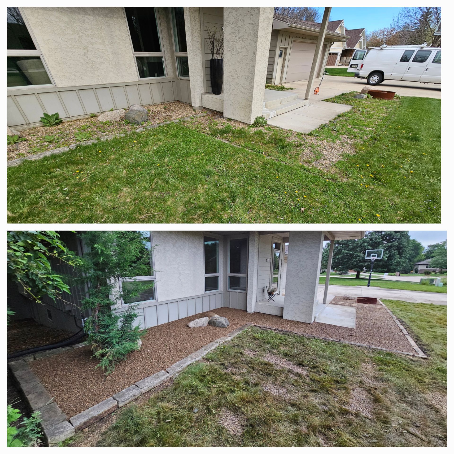 A before and after picture of a lawn in front of a house.