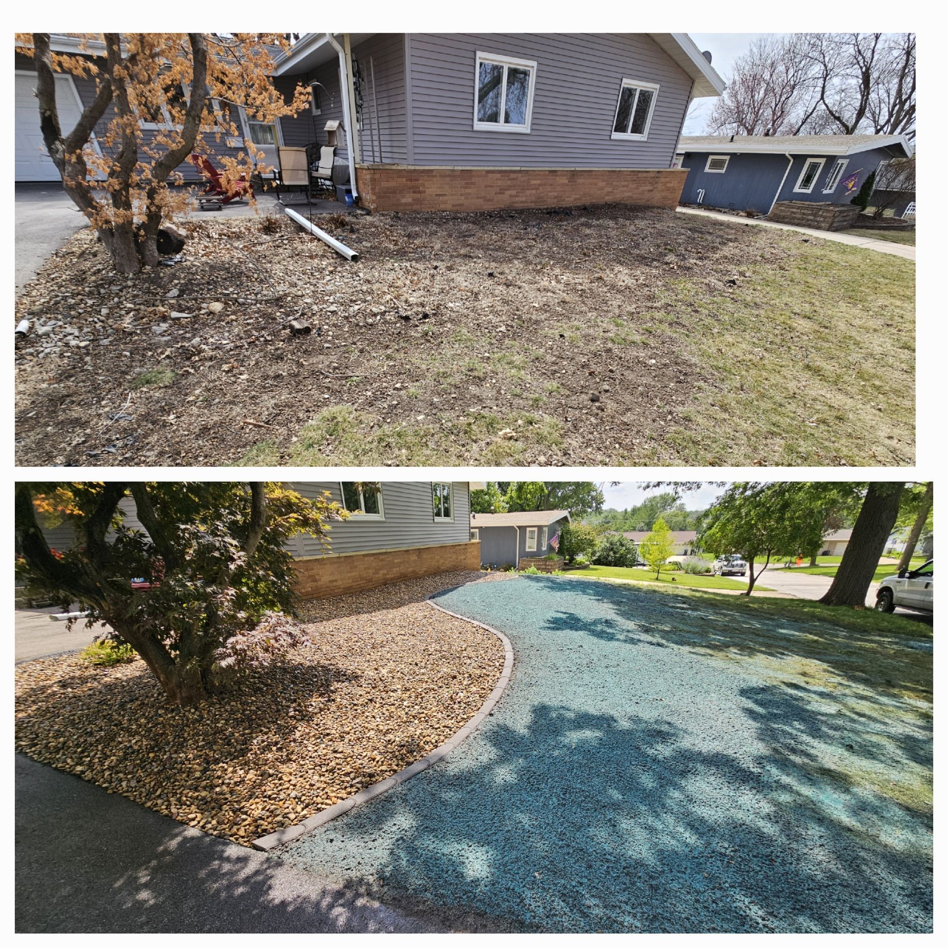 A before and after picture of a house and a driveway.