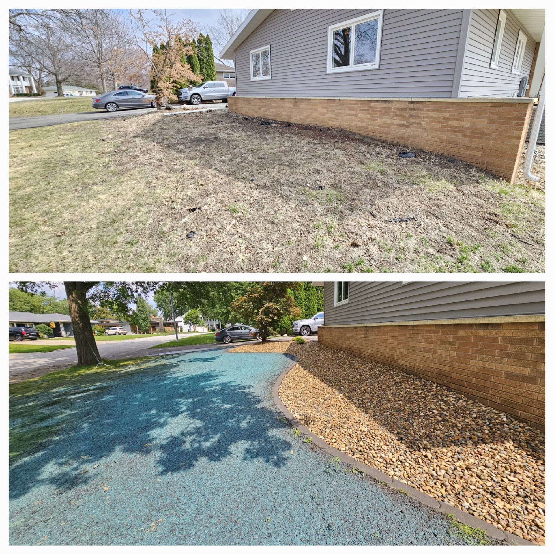 A before and after picture of a house and a driveway.
