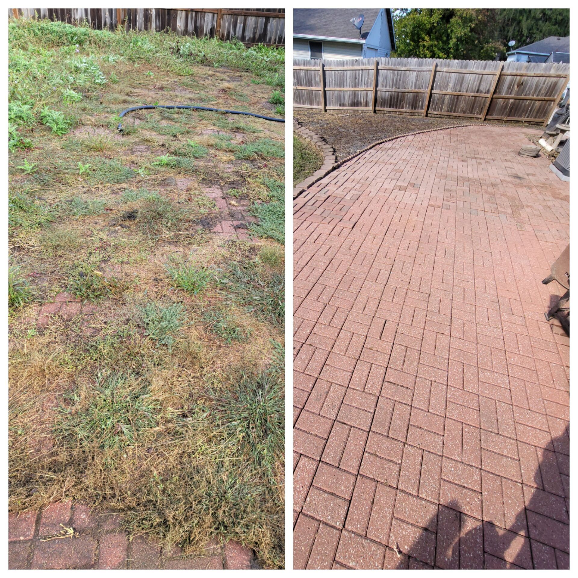 A before and after photo of a lawn and a brick walkway.