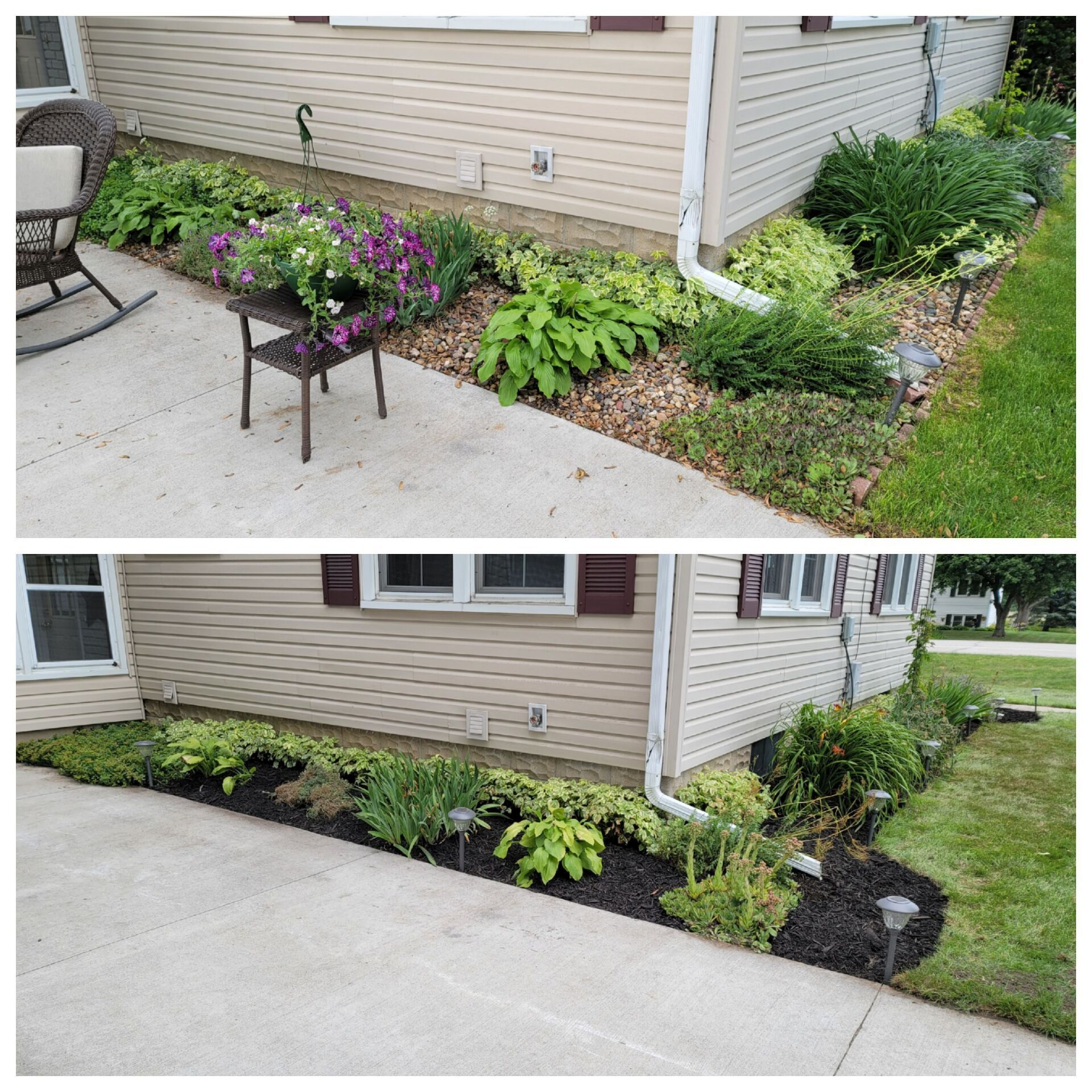 A before and after picture of a house with a rocking chair