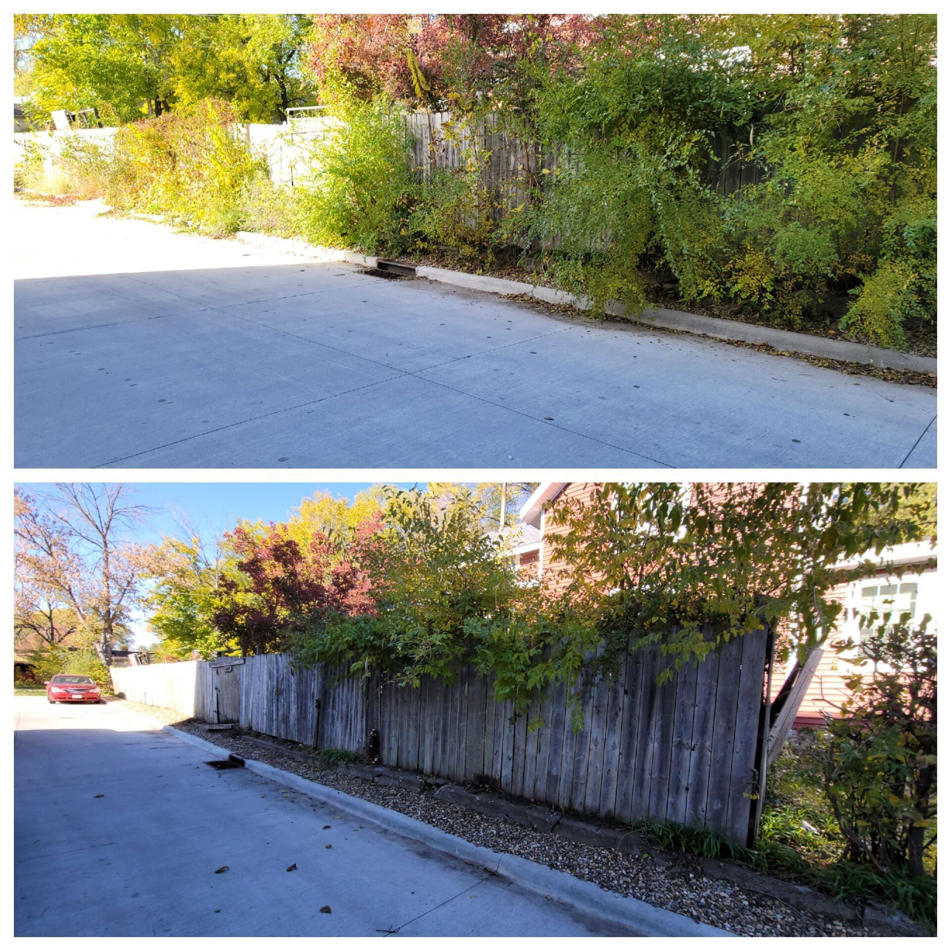 A before and after photo of a wooden fence