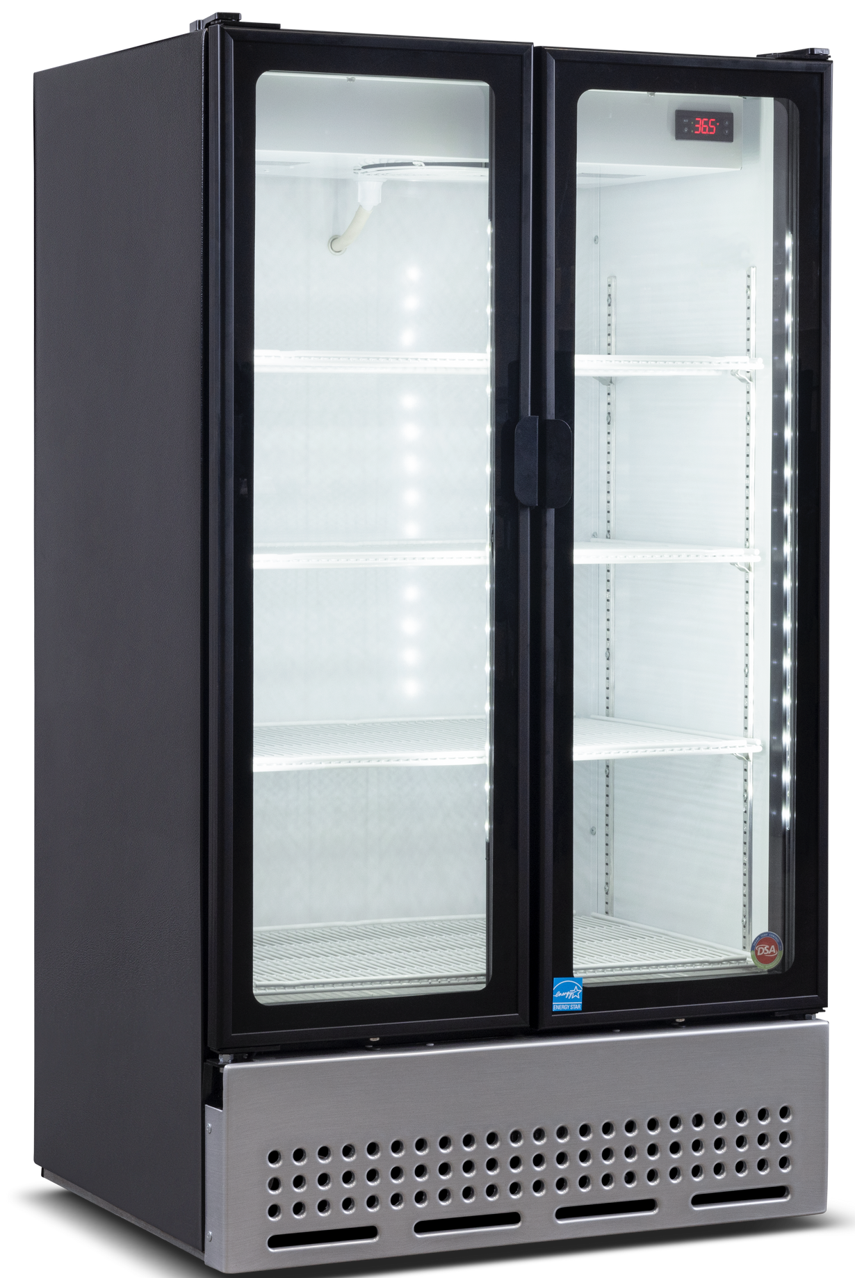 An empty refrigerator with glass doors and shelves on a white background.