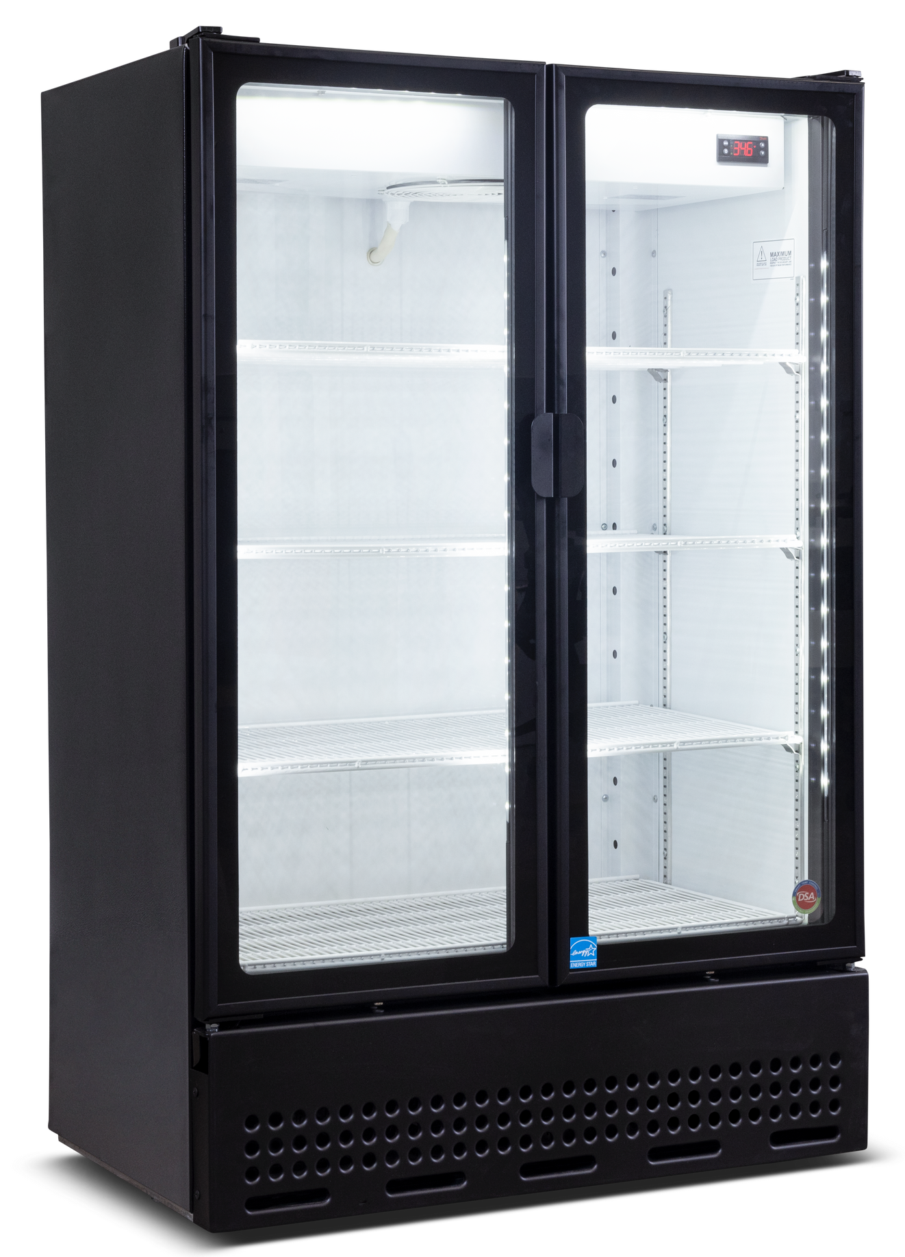 A black refrigerator with two glass doors and shelves.