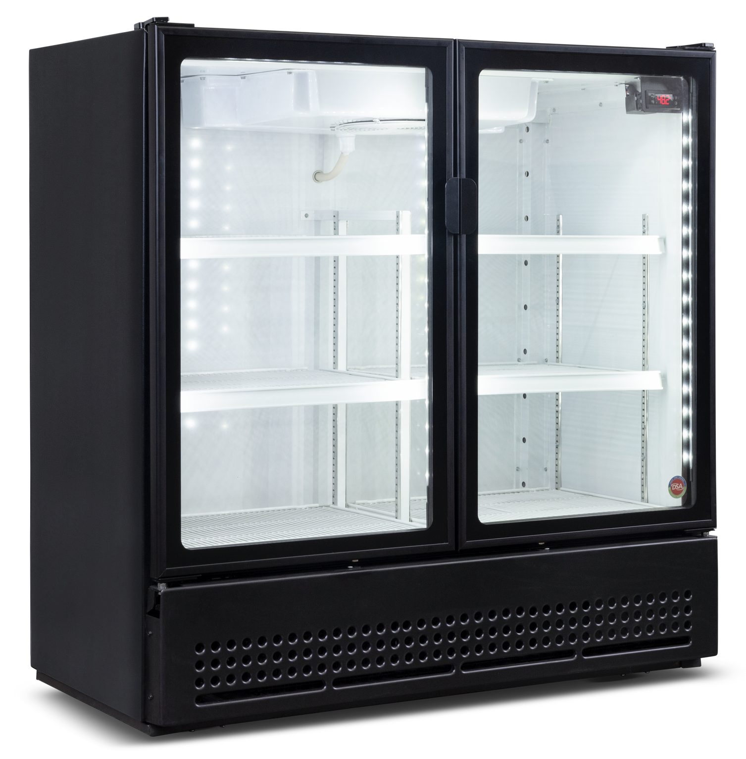 A black refrigerator with glass doors and shelves