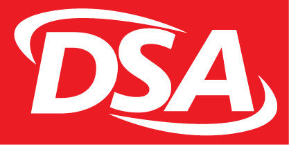 The dsa logo is white on a red background