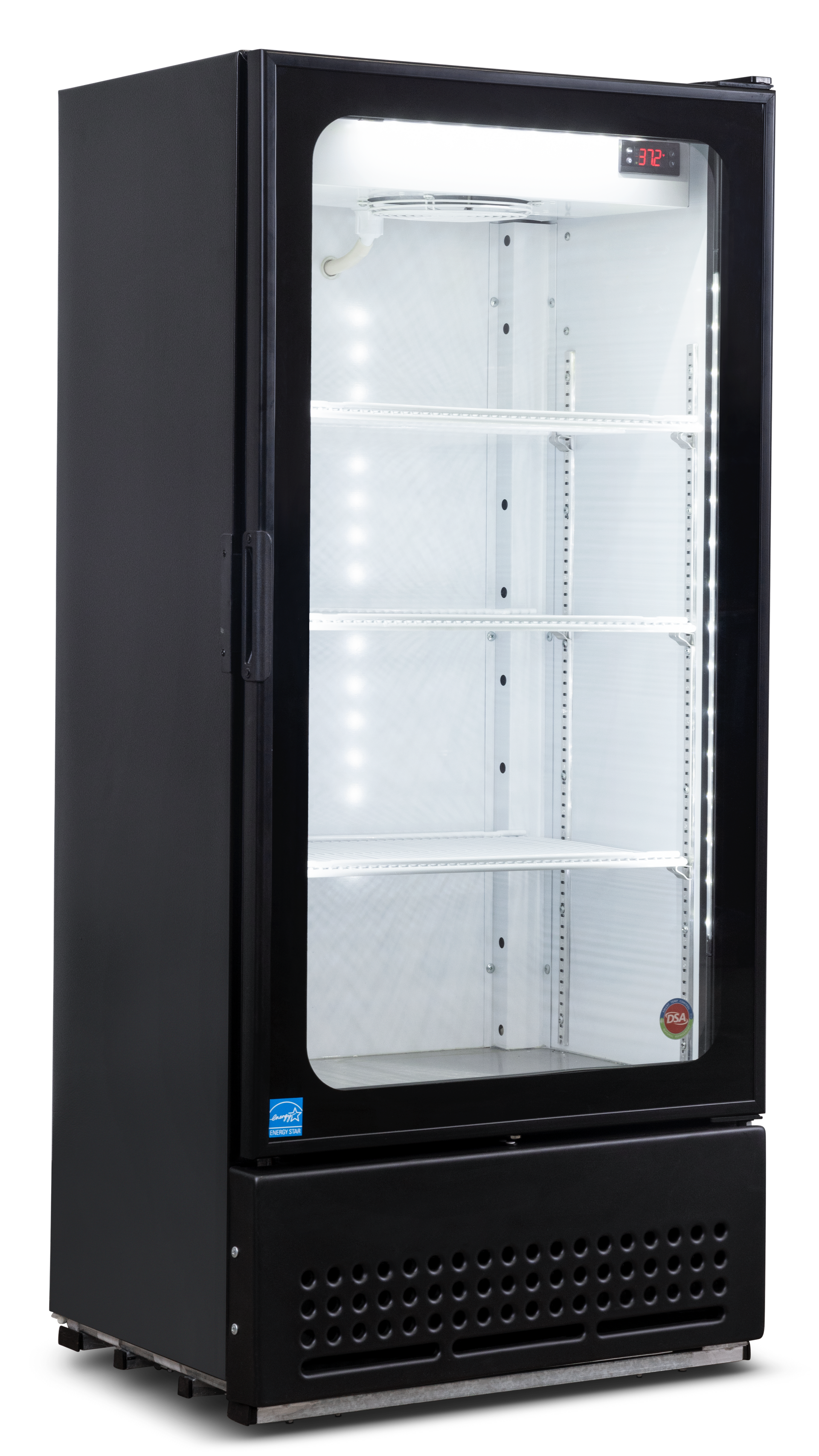 A black refrigerator with a glass door and shelves.