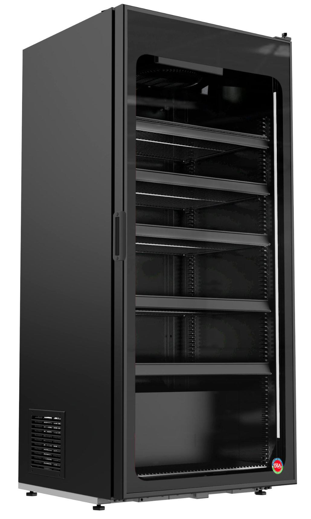 Black on black, glass-door retail refrigerator with multiple shelves