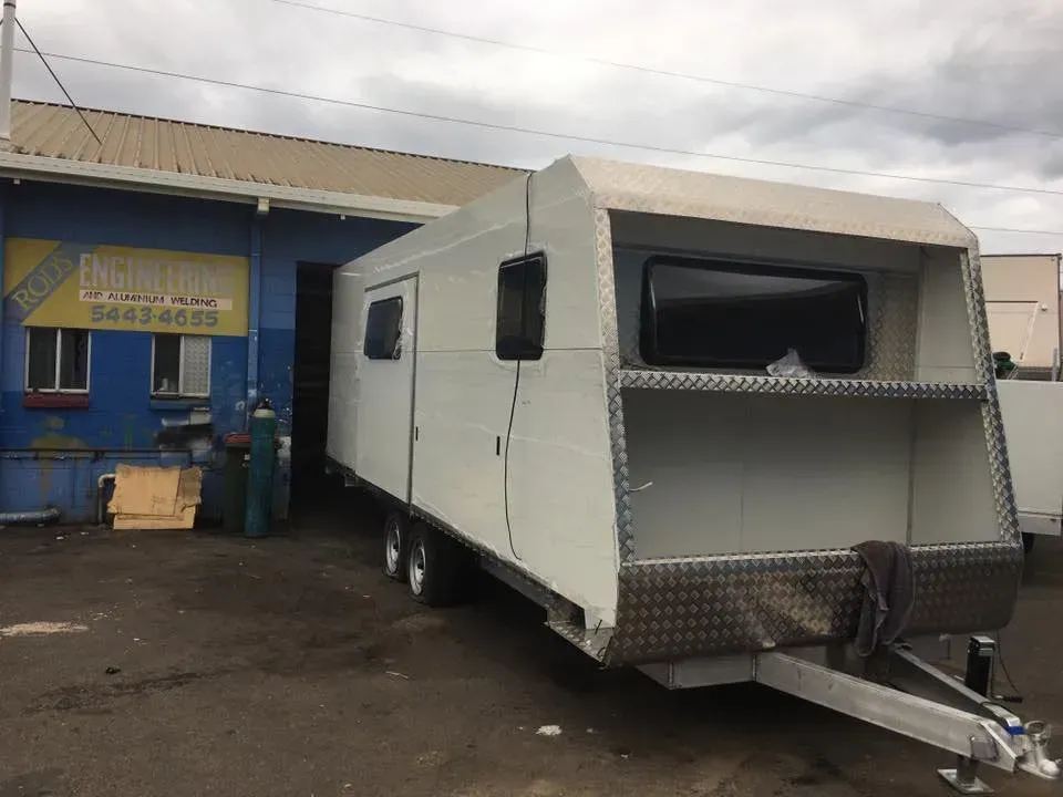 White Camper Trailer, Aluminum Trim — Rod's Engineering & Lifetime Trailers in Bli Bli, QLD