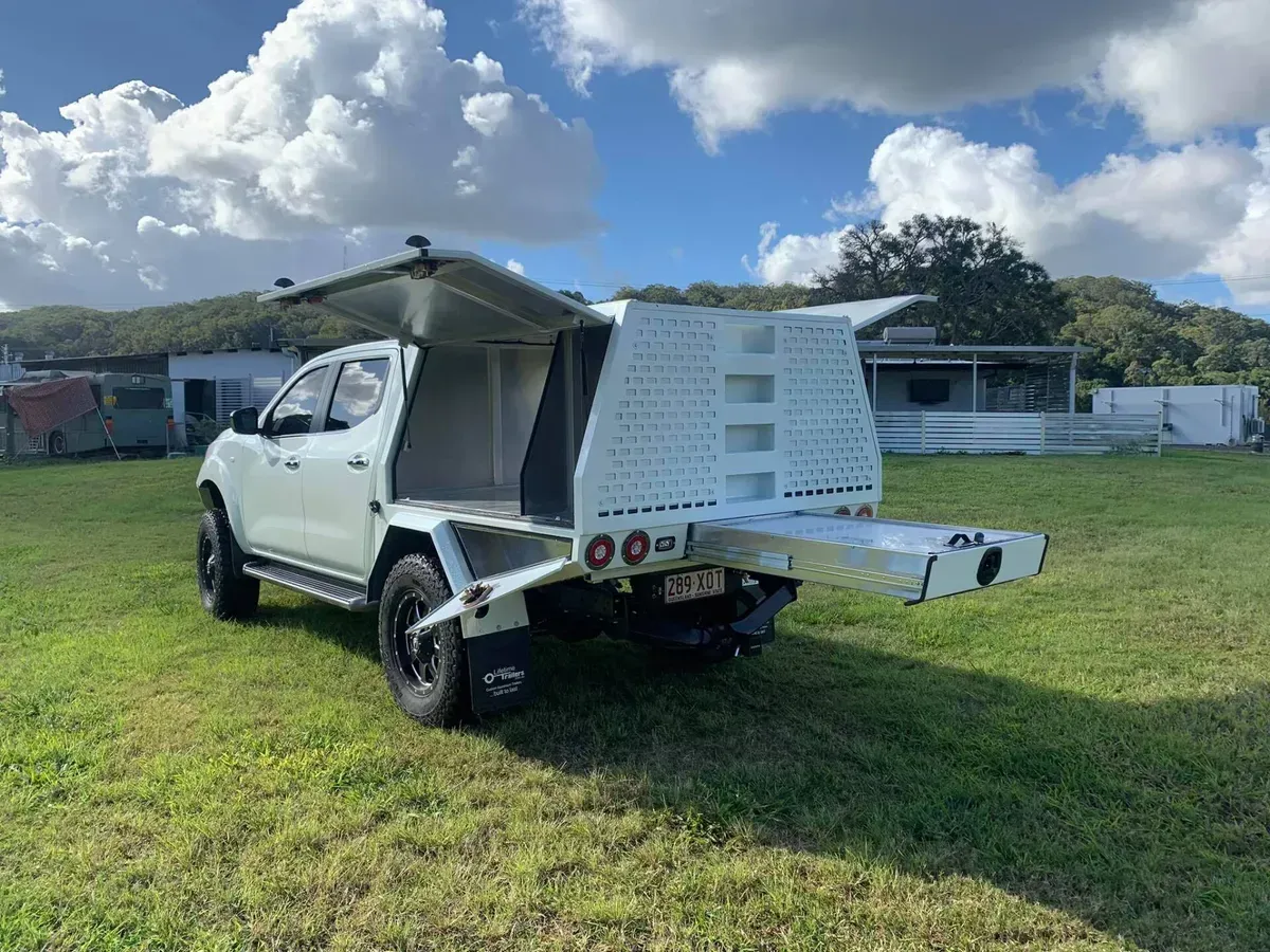 White Pickup Truck With an Aluminum Canopy — Rod's Engineering & Lifetime Trailers in Bli Bli, QLD