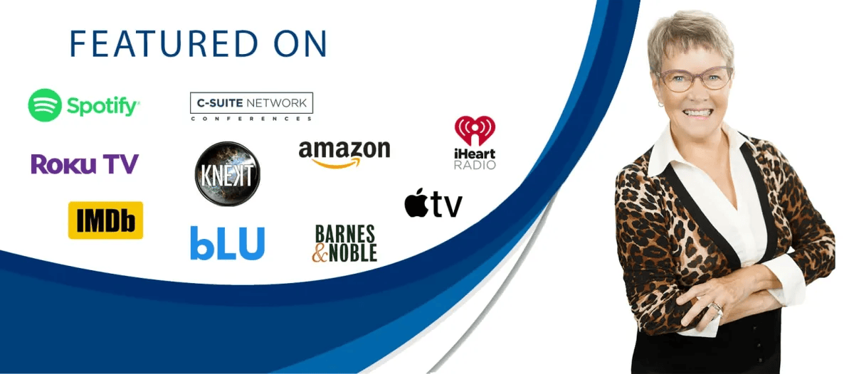 Woman in glasses smiling next to logos: Spotify, Roku TV, IMDB, iHeart, Amazon, Apple TV, and more.