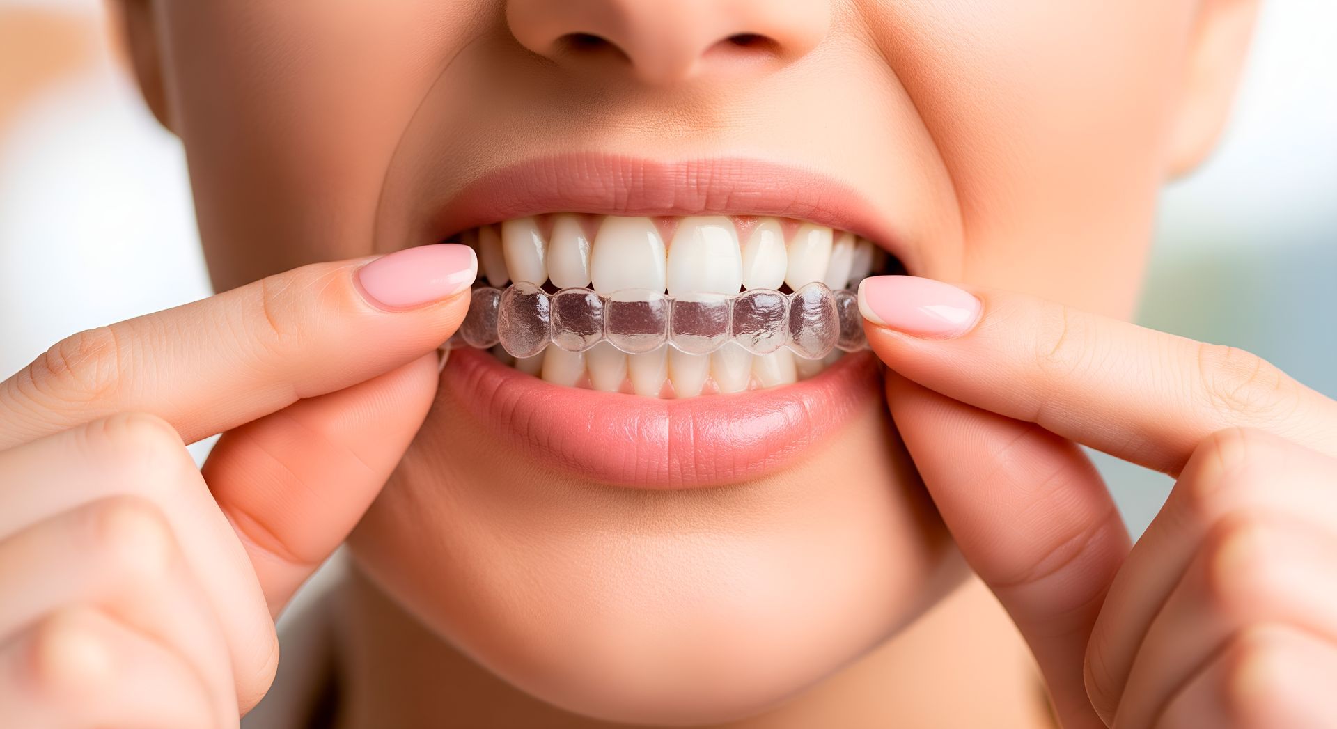 Close-up photograph of a person inserting a clear dental aligner onto their upper teeth.