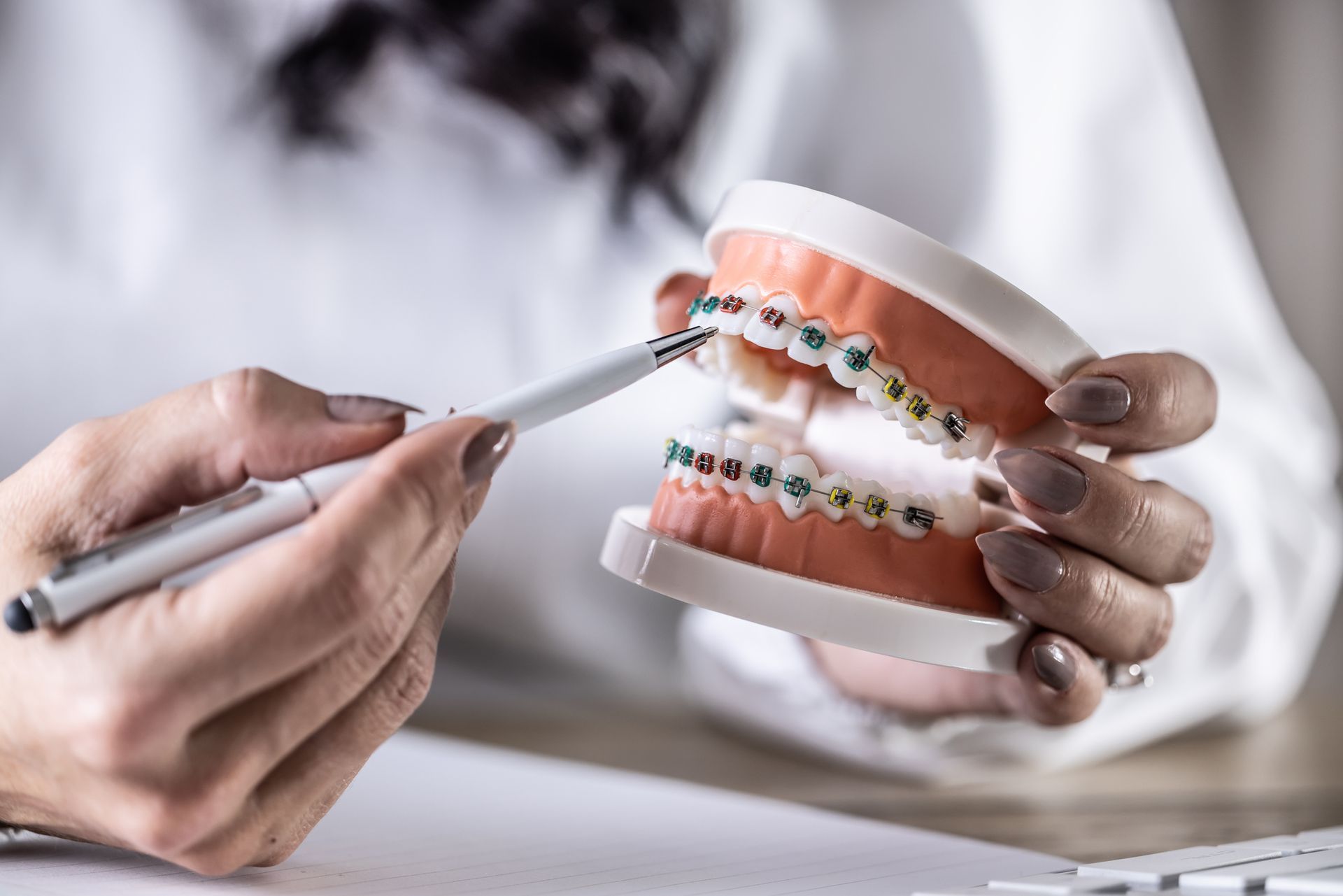 A woman is holding a model of teeth with braces and a pen.