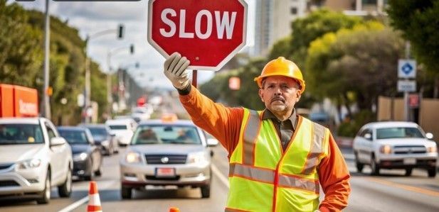 flagger instructor standing on a road with SLOW named board with him