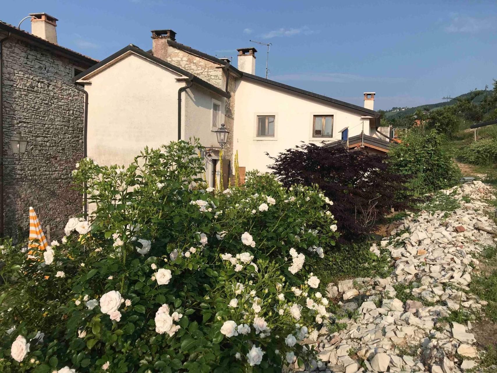 Edificio bianco con muro in pietra accanto a un grande cespuglio con fiori bianchi; rocce lungo il lato.