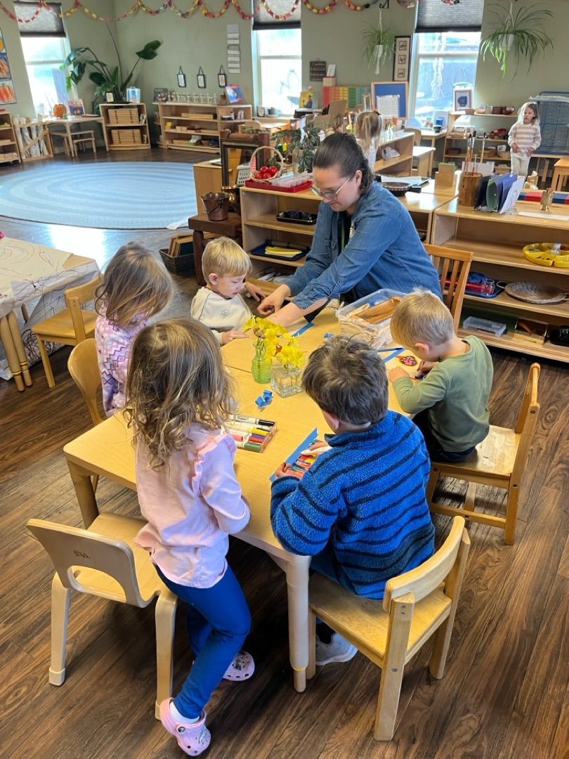 Montessori preschool classroom lesson being presented to 3-6 year old children. 