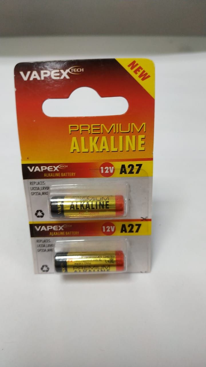 Paquete de dos baterías alcalinas Vapex Premium 12V A27 con embalaje naranja y amarillo.