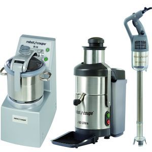 Un mixeur, un presse-agrumes et un mixeur sont représentés sur un fond blanc