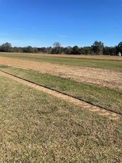A large grassy field with a dirt path going through it.