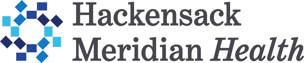 Hackensack Meridian Health logo with a circular design made of blue and teal squares.