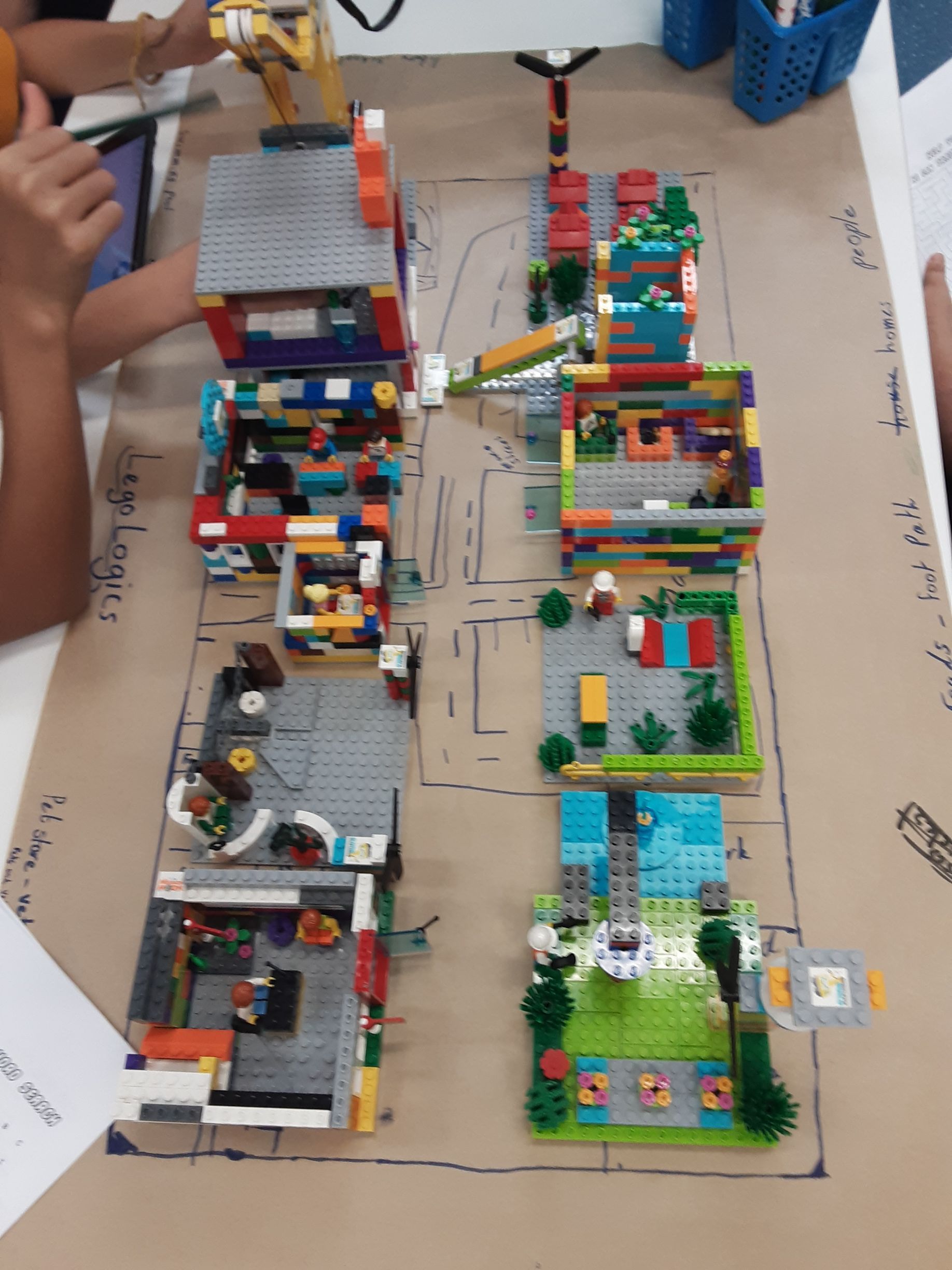 A lego model of a city is on a table