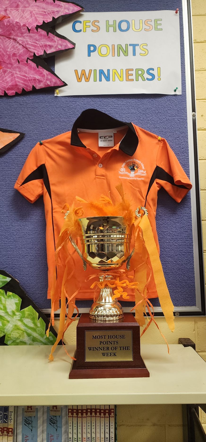 An orange shirt is hanging on a wall next to a trophy.