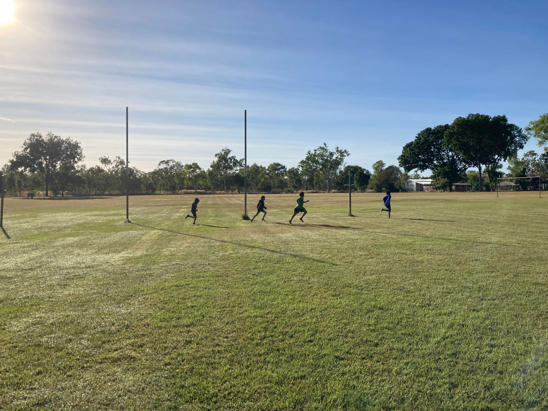 A group of children are playing soccer in a field.