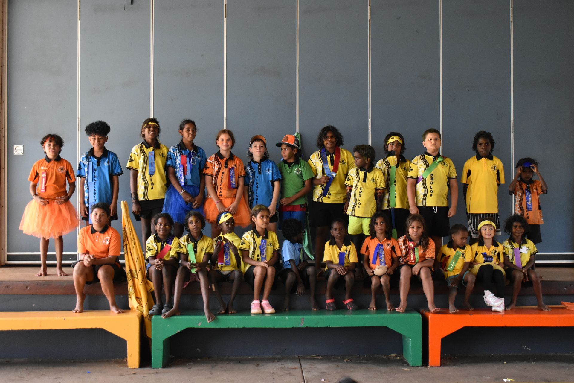 A group of children are posing for a picture while sitting on benches.