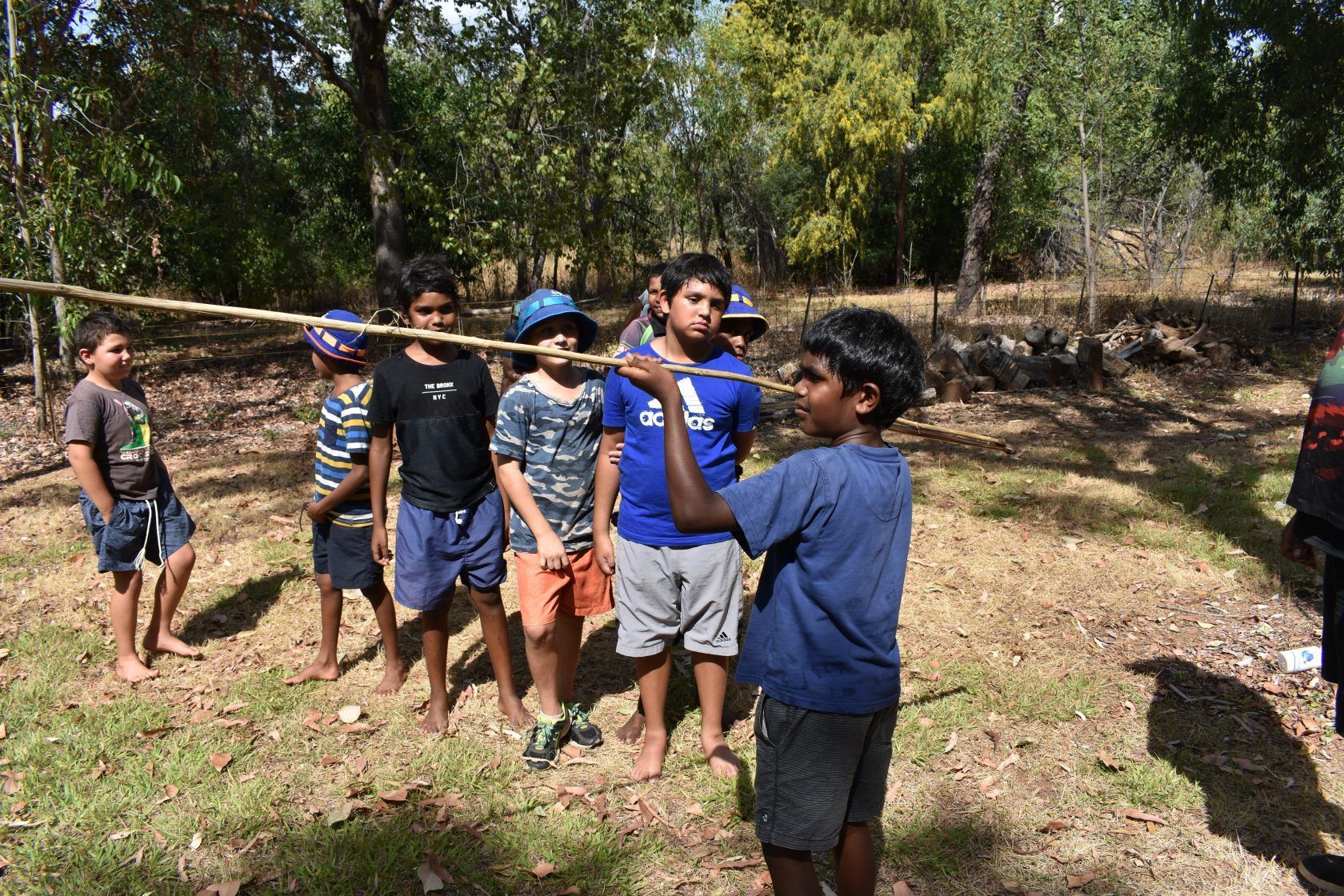 A group of young boys are playing with a stick in the woods.