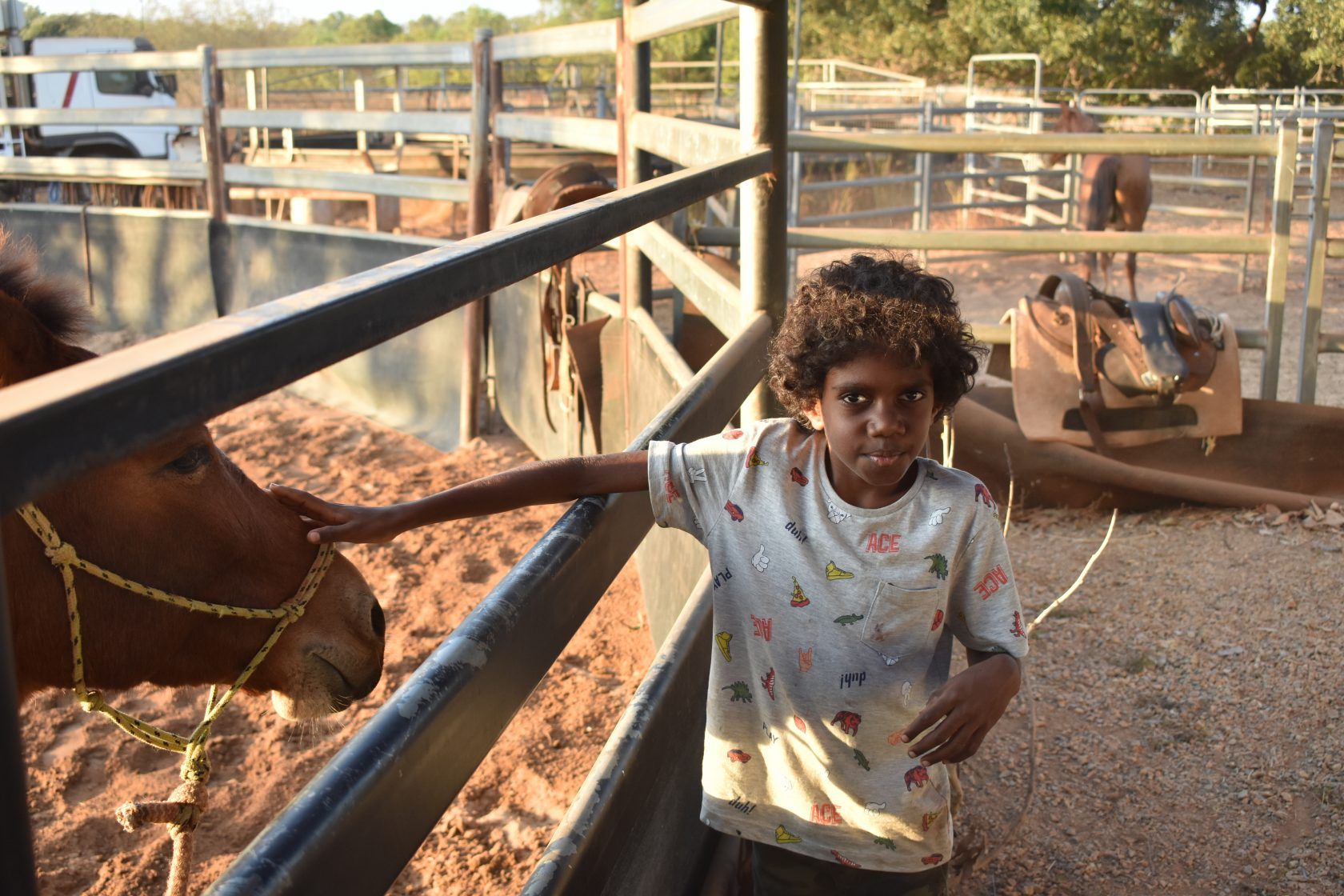 A young boy is petting a horse behind a fence.