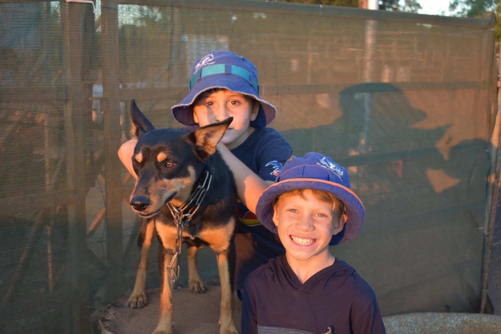 Two young boys are posing for a picture with a dog.