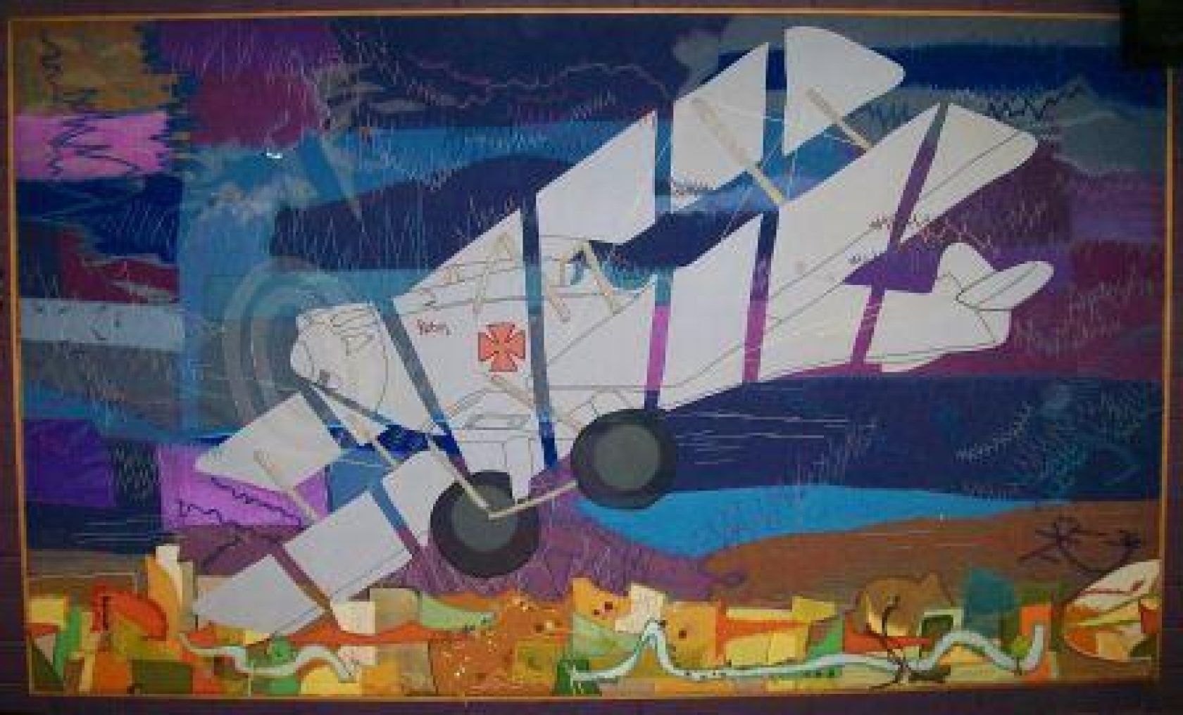 A painting of a plane flying over a city