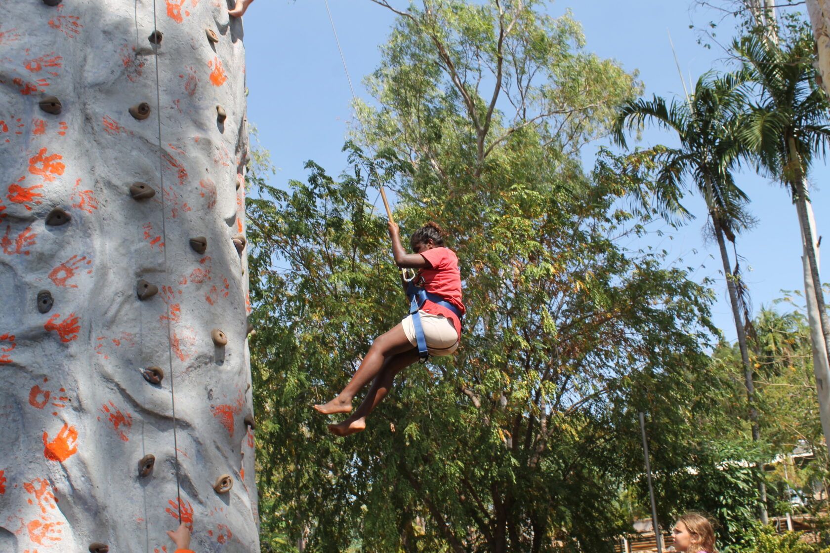 A person is climbing a rock wall in a park.