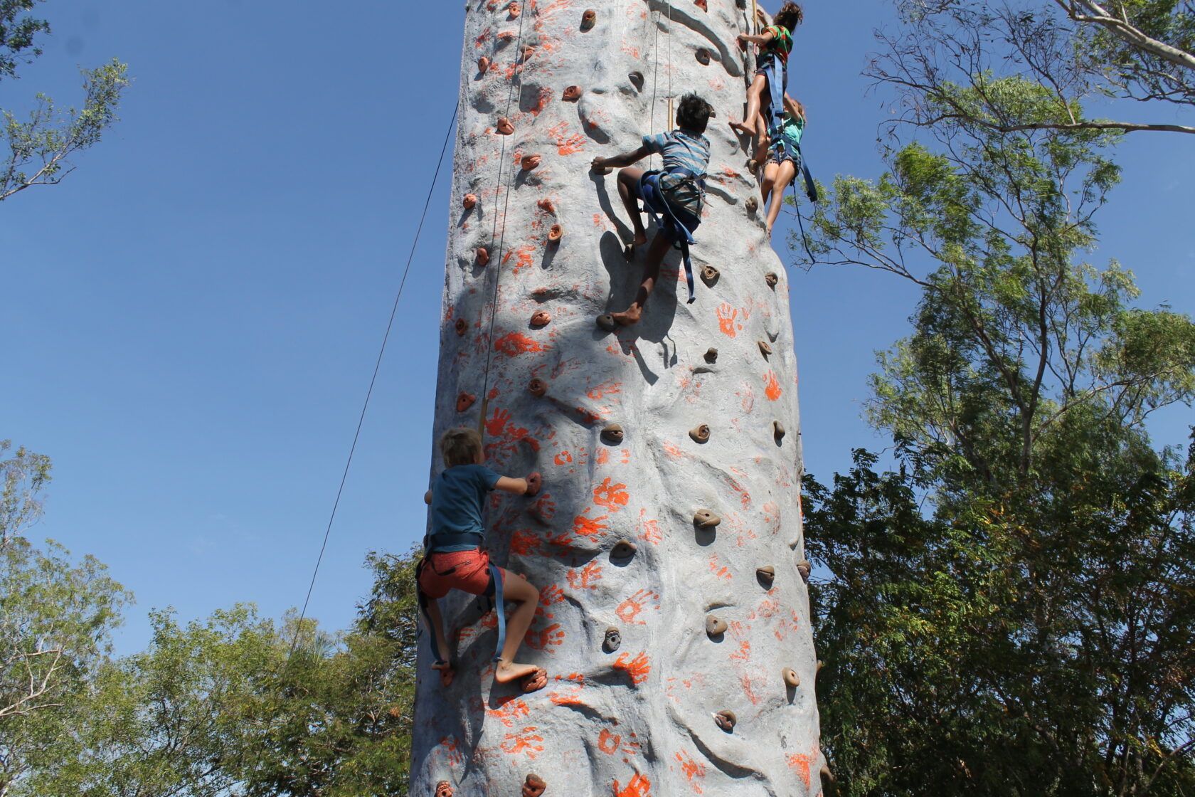 A group of people are climbing a large climbing wall.