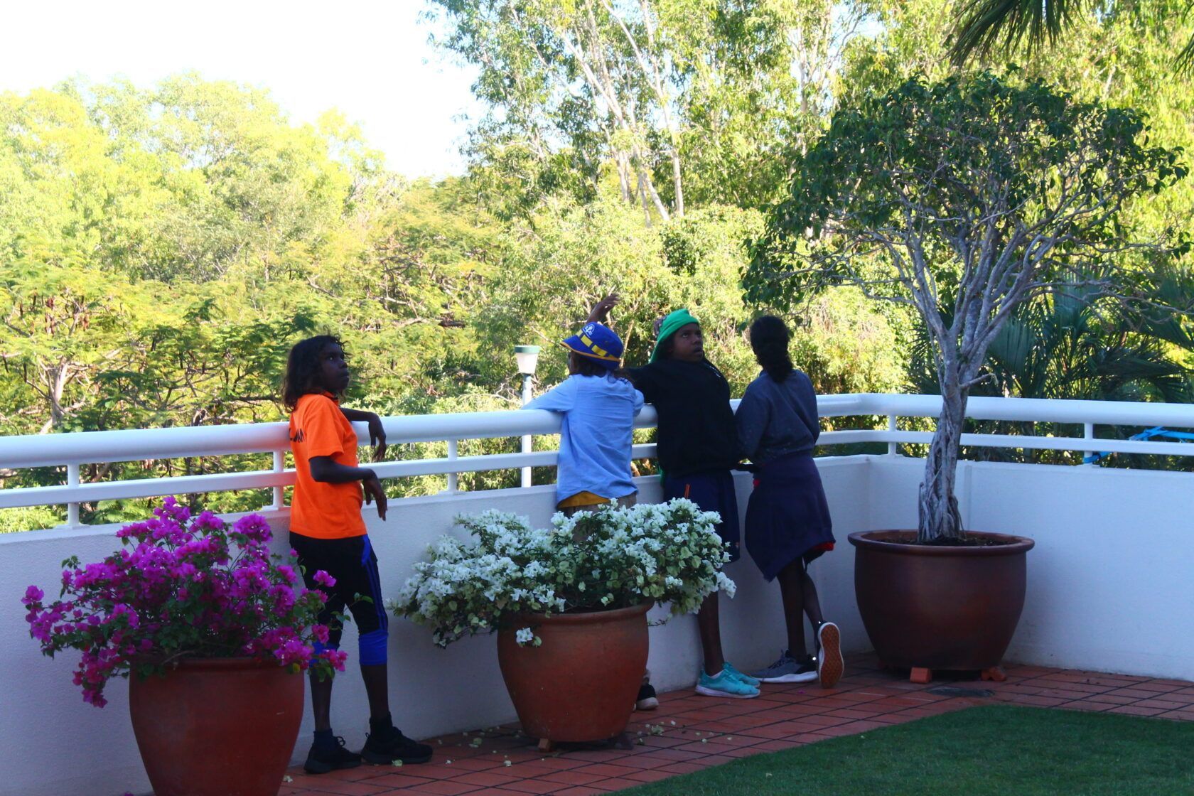 A group of people standing on a balcony with potted plants