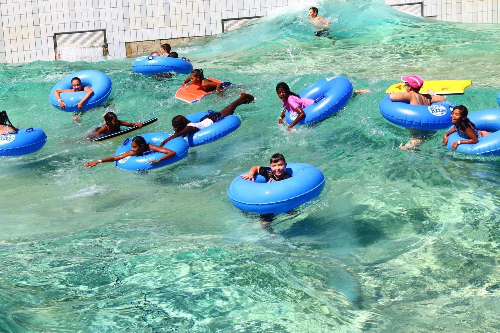 A group of people are floating on tubes in a pool.
