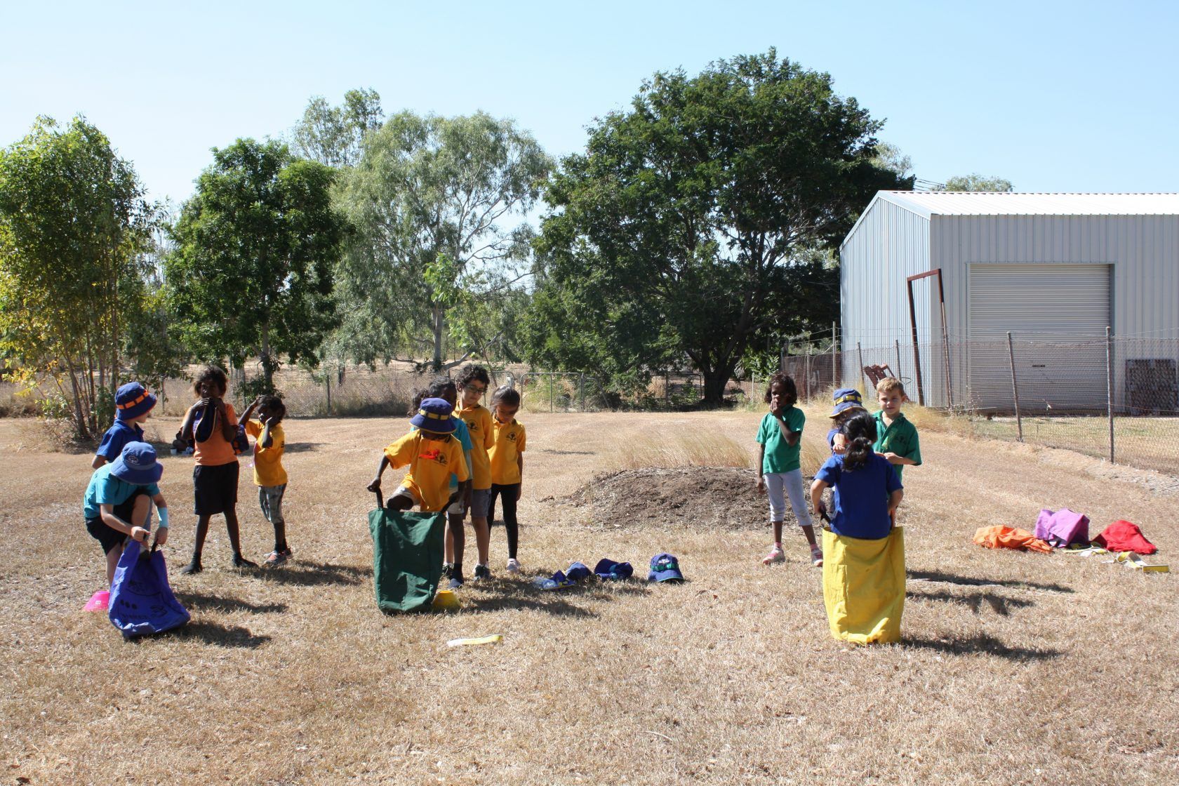 A group of children are playing a game in a field.