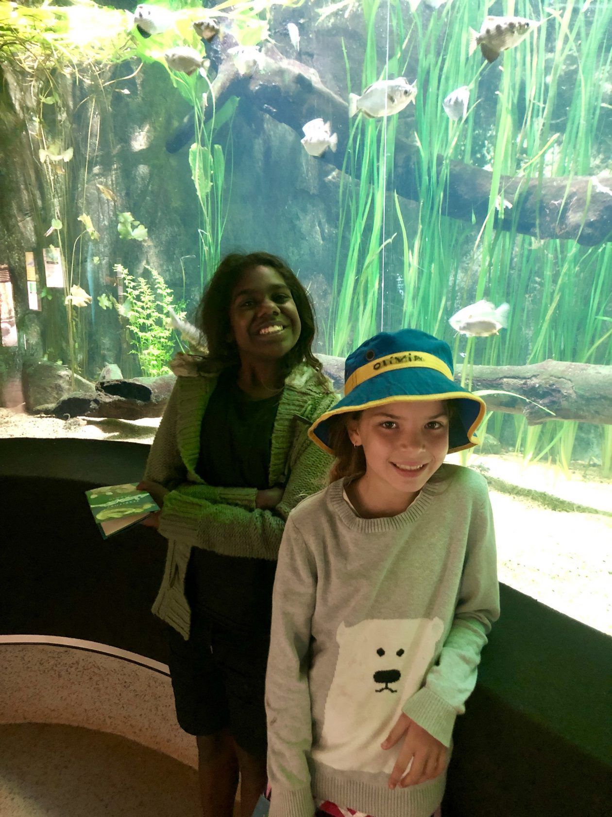 A woman and a child are standing in front of an aquarium.